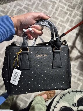 bebe Black Mini Studded Satchel with Gold Accents